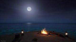 Moonlight Campfire on Beach | Wave Sounds, Crackling Campfire, Relaxing, Soothing, Study, Sleeping