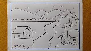 Easy scenery drawing with pencil| Village scenery drawing| Landscape scenery drawing| House scenery