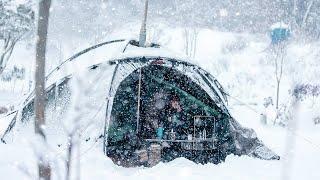 Camping in Heavy snow | snow falls all day, camping alone in the snow | Hot tent | snowstorm