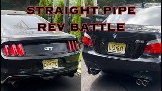 REV BATTLE ! - E60 V10 BMW M5 vs MUSTANG GT WHIPPLE SUPERCHARGED - No cats