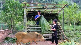 Two orphans. Making a roof for a pigsty with palm leaves