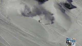 Snowboarding and skis  Running from an avalanche