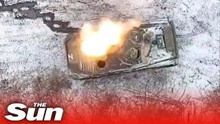 Ukrainian drones destroy Russian armoured tanks with bombs