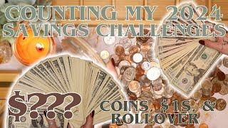 Counting My 2024 Savings Challenges! | Coins, $1s, & Rollover! | 25 Year Old Budgets