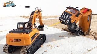 Dump Truck Rescue | Excavator Pulls Truck | Wltoys RC Construction | Cars Trucks 4 Fun