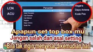 setting daya antena set top box//fungsi kodepos pada set top box//setting LCN di set top box