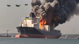 Today!June 21, Russia brutally blew up 2 Ukrainian cargo ships full of ammunition and fuel.