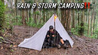 RAIN AND STORM CAMPING IN A TARP TENT | SOLO CAMPING OVERNIGHT IN A RAINSTORM‼️