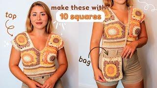 Crochet Tutorial: Crochet top and bag using 10 squares! 