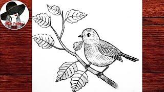 Как Нарисовать Птицу На Ветке Очень Просто | Простой Рисунок Карандашом | Учимся Рисовать Птицу