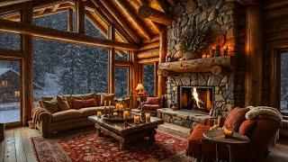 ️ Serene Winter Cabin | Snowfall & Fire Ambience with Charming Village View 