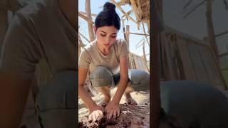 Village Life: Uyghur Girl Builds a Mud-Brick Cattle Trough from Scratch