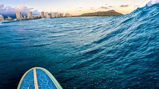 SURFING BIG WAVES IN WAIKIKI | Epic Sunset Longboarding | RAW POV