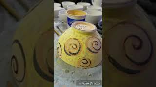 A little decorating demo -- mason stains on raw Majolica glaze.