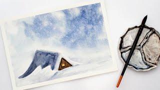 Watercolor tutorial for beginners - easy cottage under snow painting