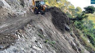 Clearing Dangerous Mountain Road Dirt with JCB Backhoe Loader