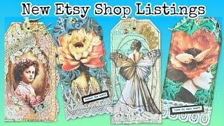  NEW tag sets in my Etsy shop!  w/ sari silk, vintage lace, & all my fancy trims!