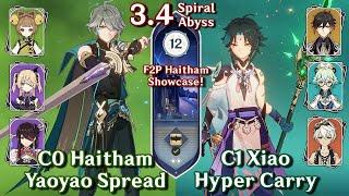 C0 Alhaitham Yaoyao F2P Spread & C1 Xiao Hyper | Spiral Abyss 3.4 - Floor 12 9 Star | Genshin Impact