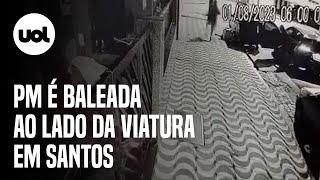 Policial militar é baleada ao lado da viatura em Santos; vídeo flagra a abordagem dos suspeitos