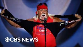 Hulk Hogan calls Trump a "real American hero," rips off shirt during RNC speech