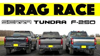 2024 Ford F250 vs Toyota Tundra vs GMC Sierra 2500. Close but not close. Drag and Roll Race.