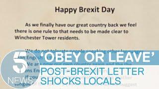 'Happy Brexit Day' signs at Norwich flats tell residents to 'only speak English' | 5 News