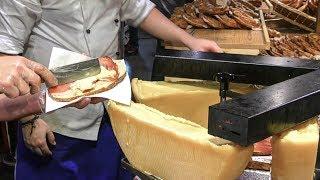 Italy Street Food. Cascades of Melted Cheese on Huge Pretzel and Sandwiches