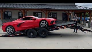 H&H 7x20' Hydraulic Power Tilt Car Hauler Trailer 9990# GVW Loading a Corvette C8 Car