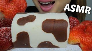 COW Rolled Cake with GIANT Fresh Strawberries *NO Talking Soft Crunchy Relaxing Eating Sounds | NE