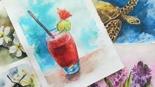 Watercolor sketch - draw a cocktail. Drawing for beginners.