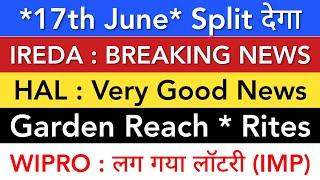 HAL SHARE NEWS  IREDA SHARE LATEST NEWS • GARDEN REACH SHIPBUILDERS • WIPRO • STOCK MARKET INDIA