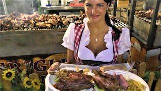 Street Food from Germany. Massive Dose of Grilled Meat. Huge Sausages, Pork Knuckles, Ribs, Chicken