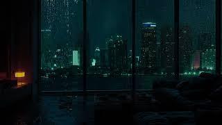 아늑한 창문과 어두운 크리스마스 분위기가 있는 폭풍우가 치는 밤의 도시 | 비는 더 잘 자고, Asmr