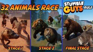 Prehistoric VS Modern Animals in Stumble Guys Rule Racing included Mammoth, Elephant, Smilodon, Lion