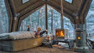 Camping in Snow with My Dog . 360° Panorama View Inflatable Tent . Wood Stove ASMR