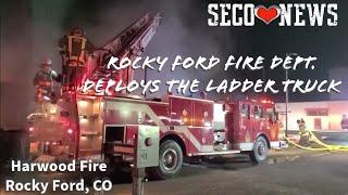 The Rocky Ford Fire Dept Deploys their Ladder Truck at the Harwood Fire on April 19, 2024