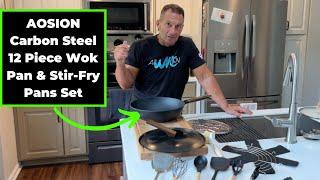 AOSION 13'' Carbon Steel Wok, 12 Piece Wok Pan & Stir Fry Pans Set with Lid & Cookwares