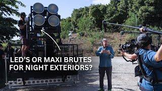 How to Light Large Night Exteriors: LEDs vs. Maxi Brutes for Depth and Contrast