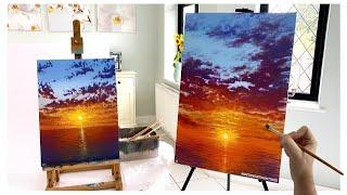 How to paint a Sunset over the ocean for beginners/medium - Acrylic painting tutorial ocean sunset