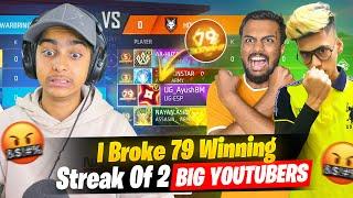 First Time Broke 79 Winning Streak  2 V Badge Youtuber Vs Aditech  गुस्सा हो गए || Free Fire Max