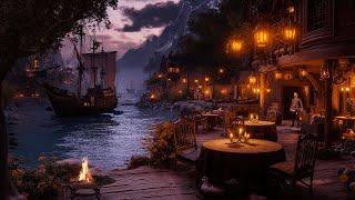 Cozy Tavern Ambience - Relaxing Medieval Terrace Night Sounds - Waves & Crackling Fire