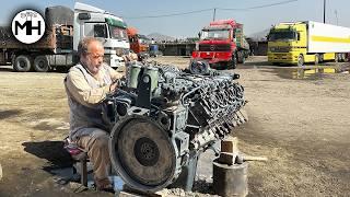 Afghaan Mechanic Demonstrates Mercedes Engine Rebuilding with Basic Tools