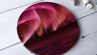 Pink aurora sky painting on black round canvas  #shorts