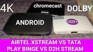 Airtel XSTREAM vs tata play binge plus vs d2h stream Android box