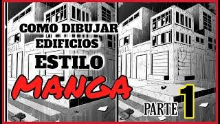 como dibujar edificios con punto de fuga paso a paso. son edificios estilo manga.