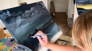 ASMR painting no talking,focused attention,brush sounds,#bobross,rainy Halloween,tingles,‍⬛
