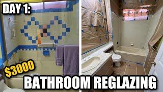 HOW TO REGLAZE BATHTUB & TILE | EXTREME BATHROOM REGLAZING MAKEOVER DAY 1 | DP TUBS REGLAZING