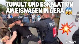 Tumult & ESKALATION am Eiswagen in Gera  bei Sommerfest & Kundgebung mit Jürgen Elsässer 27.07.24