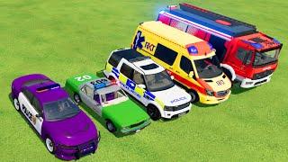 POLICE CAR, FIRE TRUCK, AMBULANCE, MONSTER TRUCK, COLORFUL CARS FOR TRANSPORTING! -FS 22