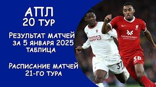 АПЛ 20 тур результат матча за 5 января. Турнирная таблица. Расписание 21го тура